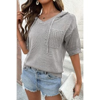 Light Grey Openwork Drawstring Hooded Short Sleeve Sweater Top - XL