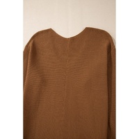 Camel Ribbed Knit Drop Sleeve V Neck Loose Fit Sweater - L