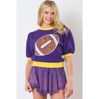 Purple Sequin Rugby Color Block Puff Short Sleeve Sweater - S