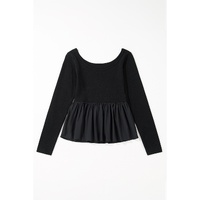 Black Ribbed Knit Long Sleeve Scoop Neck Peplum Patchwork Top - L