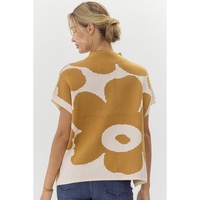 Camel Big Flower Pattern Stand Neck Short Sleeve Sweater - XL