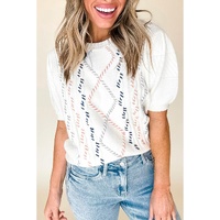 White Multicolor Stitch Detail Cable Knit Short Sleeve Sweater - M