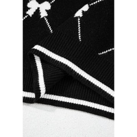 Black Preppy Vibes Bow Print Zipped Collar Sweater Tee - M