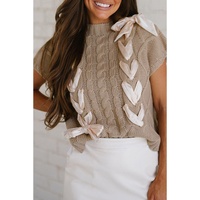Simply Taupe Cable Knit Colorblock Satin Bowknot Short Sleeve Sweater - S