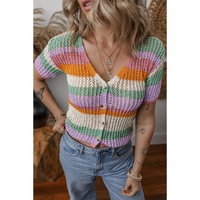 Orange Colorblock Striped Pointelle Knit V Neck Buttoned Crop Short Sleeve Sweater - M