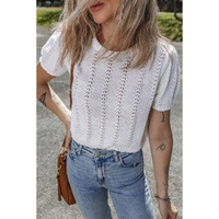 White Pointelle Knit Short Puff Sleeve Crewneck Sweater - M