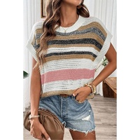 Pink Stripe Color Block Eyelet Knit Short Sleeve Sweater Tee - L