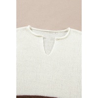 Brown Striped Accent Notched V Neck Cropped Sweater T Shirt - L
