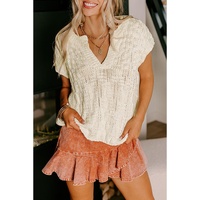 Beige Notched V Neck Short Sleeve Sweater - L