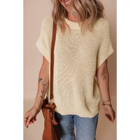 Oatmeal Solid Color Batwing Short Sleeve Round Neck Knit T Shirt - L