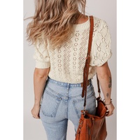 Beige Hollowed Pattern Knit Short Puff Sleeve Sweater - L