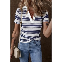 Dark Blue Stripe Collared Button V Neck Knitted T Shirt - S