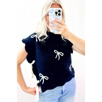 Black Bow Print Side Ties Scalloped Hem Sweater T Shirt - L