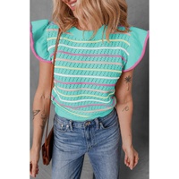 Green Colorful Striped Eyelet Knit Ruffled Sleeve Sweater T Shirt - S