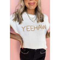 White Knitted YEEHAW Stitch Edge Crew Neck Sweater T Shirt - M
