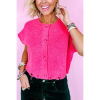 Bright Pink Distressed Hem Short Sleeve Knitted Button Front Sweater - L