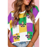 Tillandsia Purple Sequin Mardi Gras Fleur de Lis Color Block Sweater T Shirt - XL
