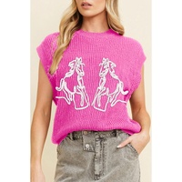 Bright Pink Western Horse Embroidered Round Neck Sweater Tee - S