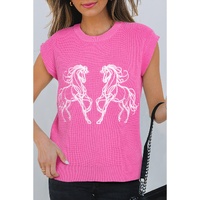 Sachet Pink Western Horse Embroidered Round Neck Sweater Tee - S