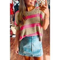 Pink Stripe Colorblock Short Sleeve Crew Neck Lightweight Sweater - M