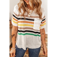 White Striped Pocketed Loose Fit Crewneck Knitted T Shirt - M