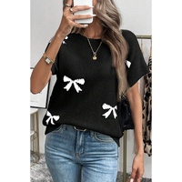 Black Bow Pattern Knit Short Sleeve Sweater - XL