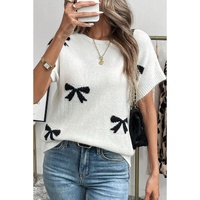 Black Bow Pattern Knit Short Sleeve Sweater - L