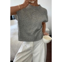 High Flower Pattern Ribbed Trim Short Sleeve Boxy Sweater - L