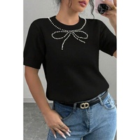 Black Pearl Bow Necklace Embellished Short Sleeve Knitted T Shirt - L