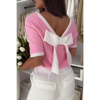 Bonbon Colorblock Bow V-Shape Cut Back Short Sleeve Sweater - L