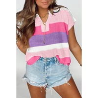Pink Color Block Notch V Neck Sweater T Shirt - L