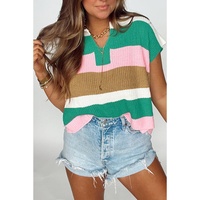 Multicolour Color Block Notch V Neck Sweater T Shirt - L