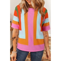Orange Color Block Eyelet Casual Sweater T Shirt - XL