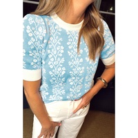 Sky Blue Contrast Floral Crewneck Short Sleeve Sweater - S
