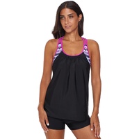 Rose Blouson Striped Printed Strappy T-Back Push up Tankini Top - S