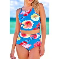 Blue Floral Print Spaghetti Straps Tankini Set - S