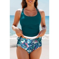 Sea Green Drawstring Tummy Control Mix-and-match 2pcs Tankini Swimsuit - 2XL