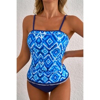 Navy Blue Abstract Print Frilled Trim Spaghetti Straps Tankini Set - S