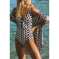 Black Stripe Print Loose Fit Open Front Beach Cover Up - M