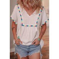 White Colorful Fringed Detail Tassel Tie Neck Short Sleeve Blouse - XL