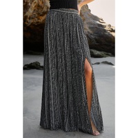 Black Printed Striped Printed Slit Wide Leg High Waist Pants - S