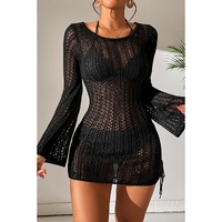 Black Hollowout Knit Bell Sleeve Drawstring Short Beach dress - XL