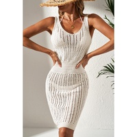 White Eyelet Crochet Sleeveless V Neck Beach Dress - XL
