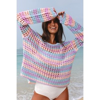 Purple Multi Stripe Open Knit Sweater Beach Cover Up - S