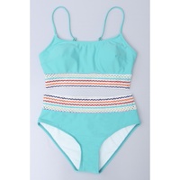 Sky Blue Striped Patchwork Spaghetti Strap High Waist Bikini Swimsuit - XL