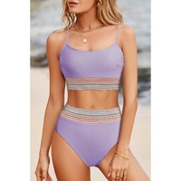 Orchid Petal Striped Patchwork Spaghetti Strap High Waist Bikini Swimsuit - L