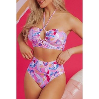 Pink Floral Printed Halter Neck High Waist Bikini - L