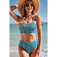 Blue Floral Print Smocked Cute Bikini Set - XL
