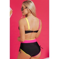 Black Color Block Drawstring Side V Neck High Waist Bikini Set - M