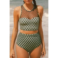 Green Dotted Mesh Plaid Patchwork High Waisted Bikini - S